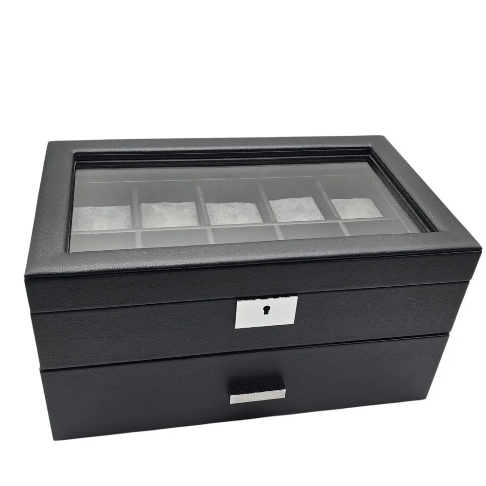 ROTHWELL 20 Slot Leather Watch Box Display Case Organizer Glass Top Lock Black